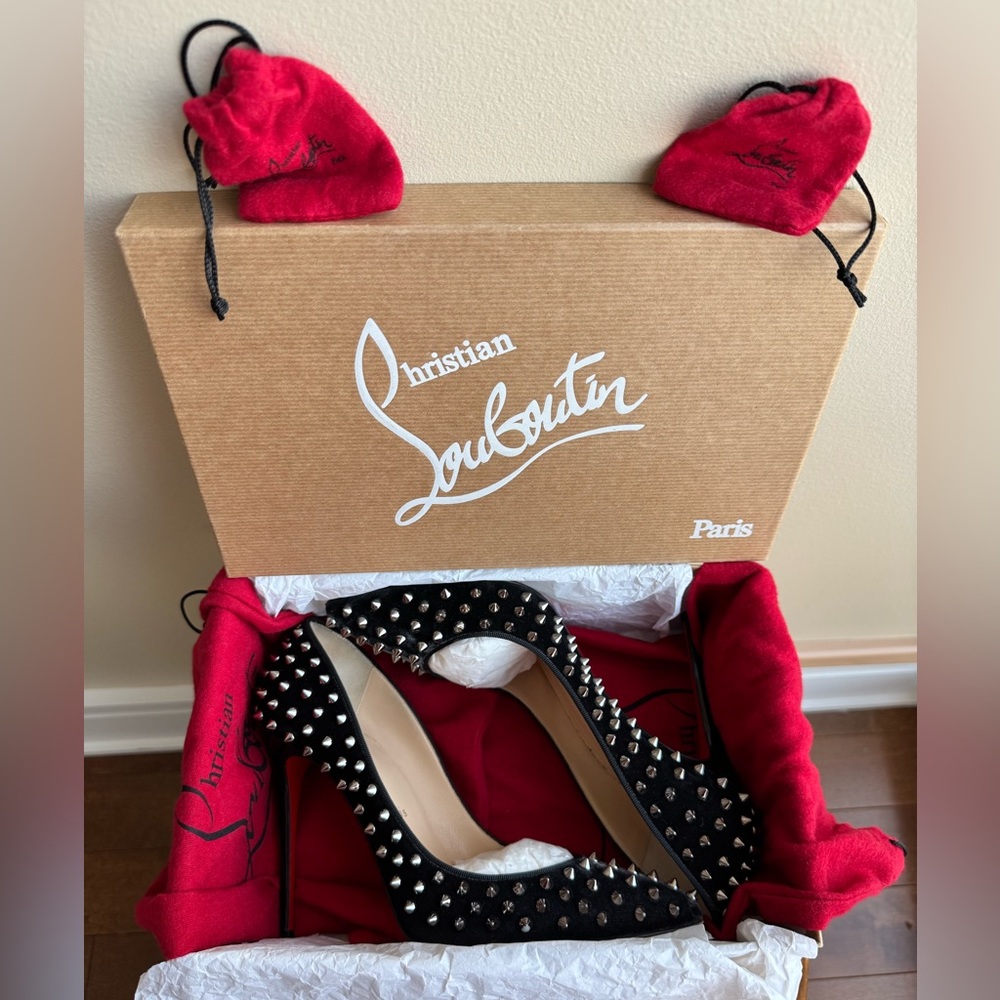 Christian Louboutin Follies Spikes Velvet Patent Heel Shoes, size 40 (US 9-9.5)